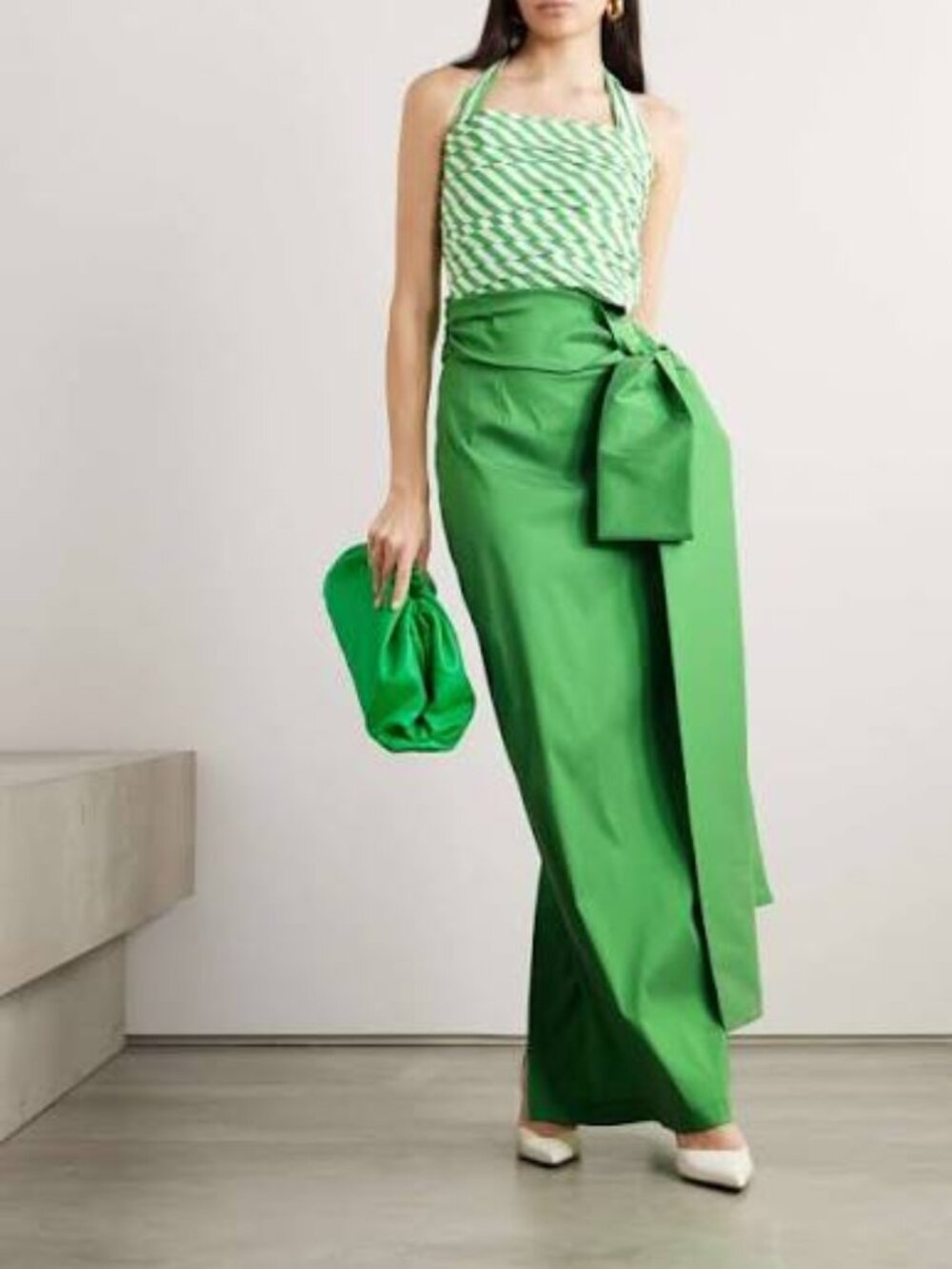 BERNADETTE Tippy striped pintucked taffeta halterneck top Green  FR 44